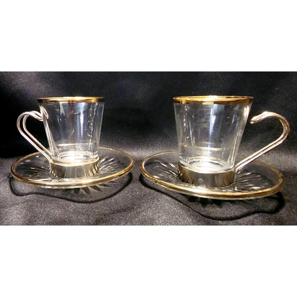 Vtg Fidenza Espresso Cups & Sauces, Clear Glass With Gold‎ Trim Accents Set Of 2